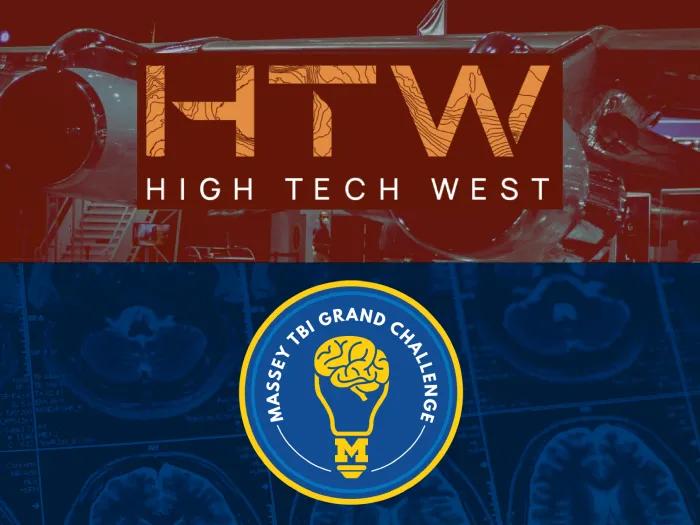 The logos for High Tech West and the Massey Grand Challenge superimposed over images of an aircraft and MRI scans, respectively.