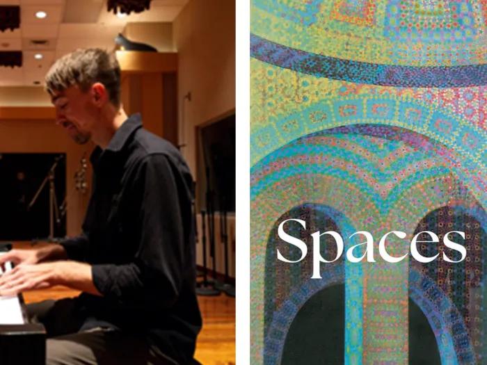 man playing piano and album cover blue green pink with words spaces