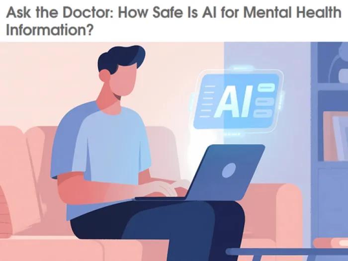 A person sits on a couch using a laptop, with a glowing AI symbol appearing on the screen. The text above reads, "Ask the Doctor: How Safe Is AI for Mental Health Information?"