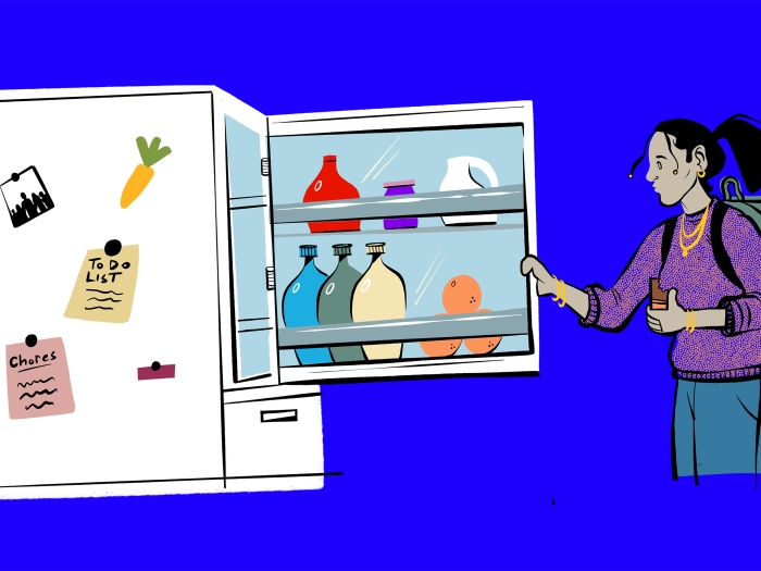 teen girl opening fridge groceries floating