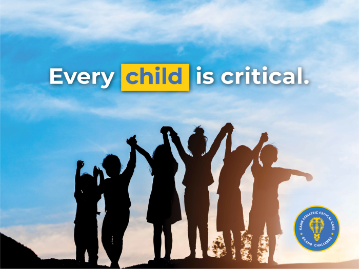 A group of six kids holding hands, silhouetted against a sunset, with text above them that reads, "Every child is critical."