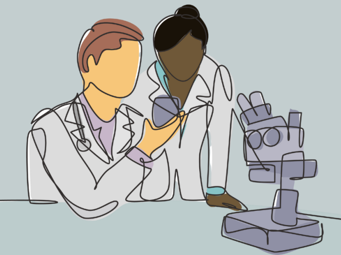 illustration of two researchers at a microscope