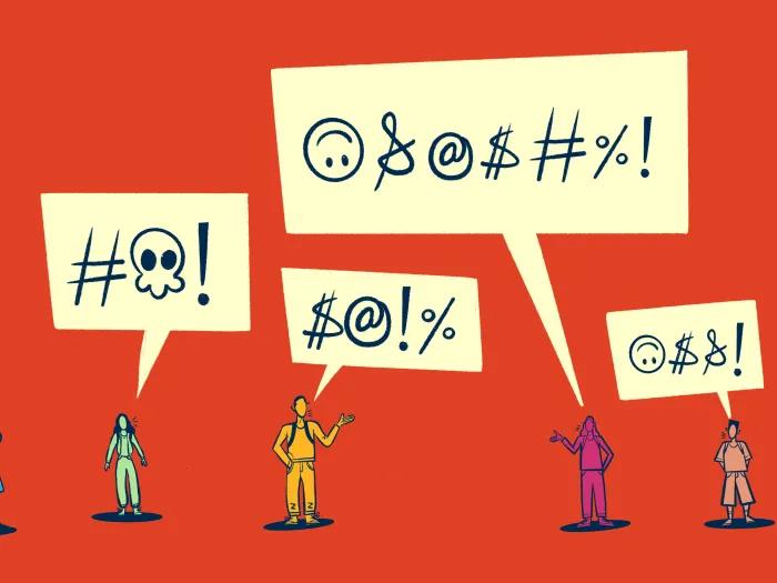 red background with bubbles of curse words floating above little cartoon people in different colors below