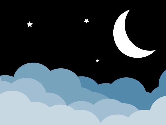 Layered clouds in shade of grays and blues with a crescent moon and three small stars in white on a black background