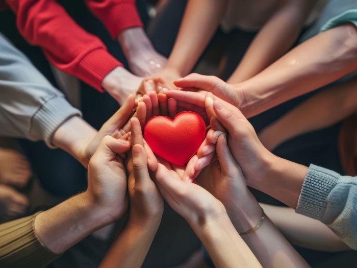 Group of hands holding a plastic heart