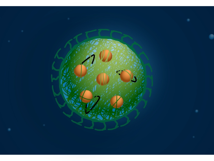 cells floating green in middle orange smaller ones navy background