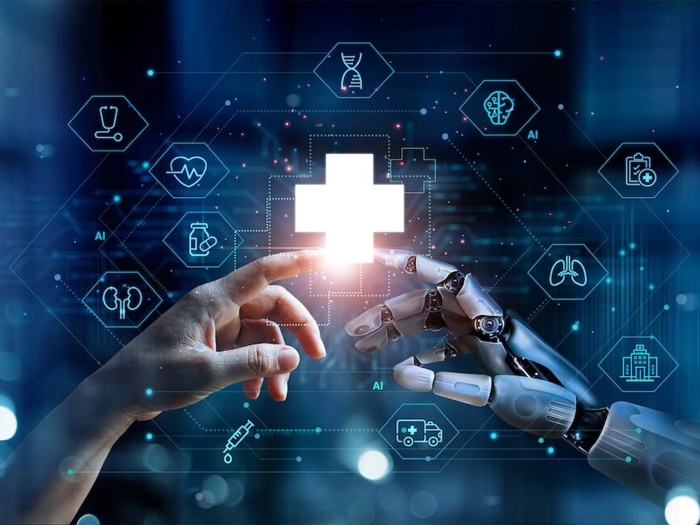 real hand touching robot hand connecting in middle