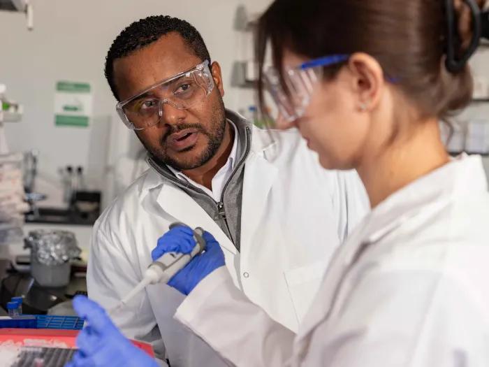 Dr. Jay Brito Querido and lab member talking and working in the lab