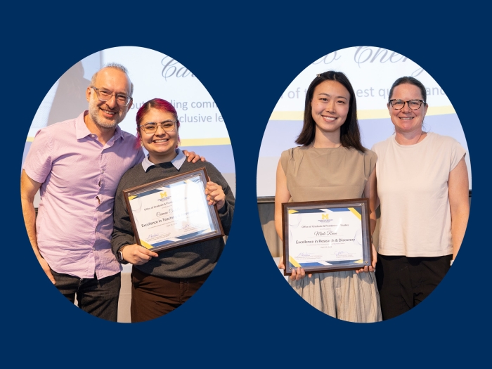 two photos of student award winners with their mentors