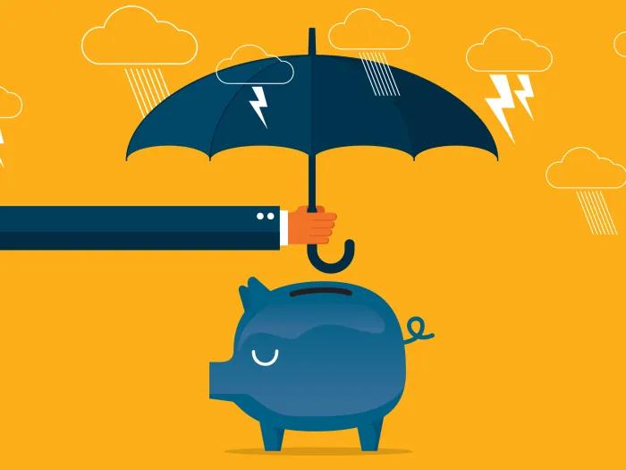 blue piggy bank with umbrella over it and lightening bolts white yellow backyard