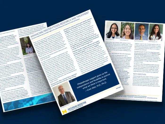 Three pages of the Mastocytosis impact report on a blue background