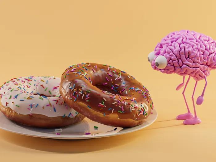 donut with brain character looking at plate
