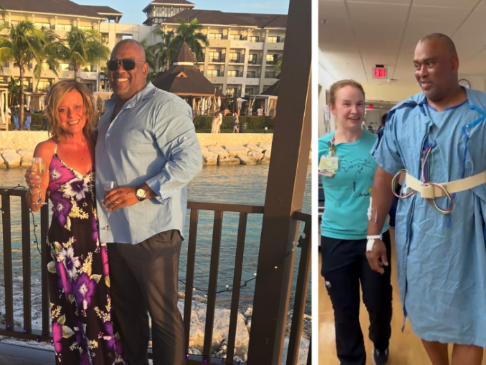 Man stands with woman in front of water and sand in a tropical setting.  Second picture on the right is a man in a hospital gown walking with a health care worker besde him