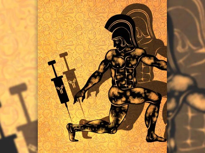 needle going into heel of roman looking warrior yellow background dark brown figure