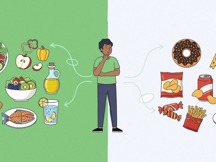 person thinking of healthy food and junk food