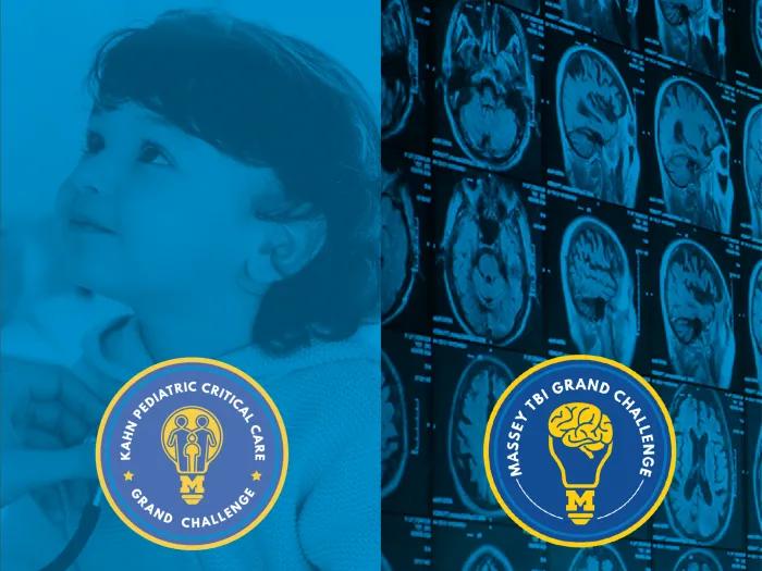 Promotional graphic for the Kahn and Massey Grand Challenges showing a child on the left and a grid of brain scans on the right.