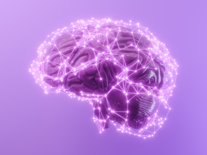Computer generated image of a human brain with lighted up dots