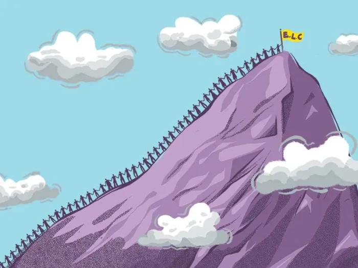 Illustration of a line of people climbing a mountain whose summit is the Emerging Leaders Council