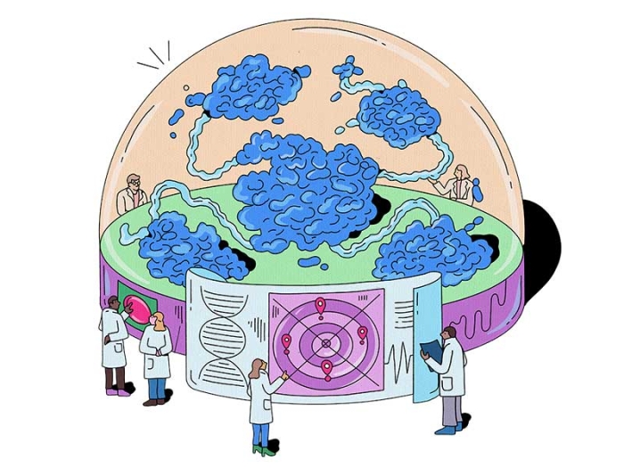 Illustration of tumor formation inside a globe as researchers look on