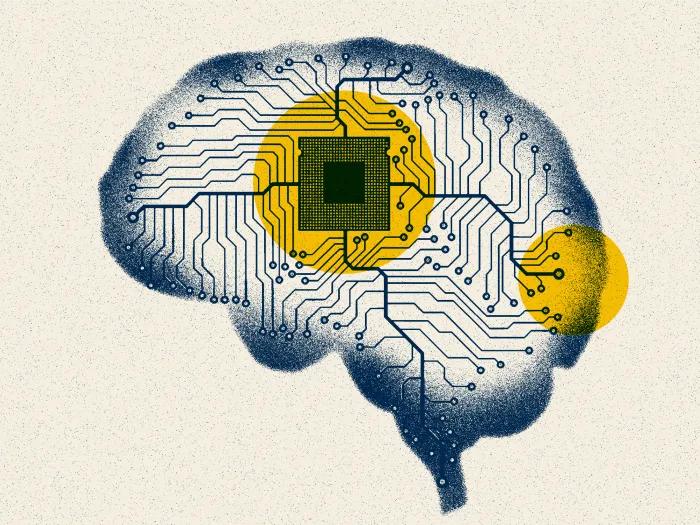 An illustration of artificial intelligence as computer circuits on a brain
