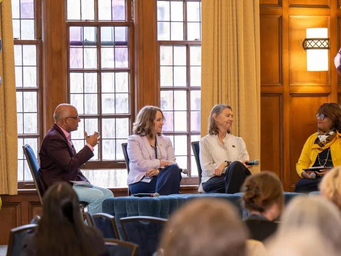 Rajesh Mangrulkar, left, moderates the leadership plenary panel at the Health Professions Education Connect ’26 that included, second from left, Elizabeth Birr Moje, dean of the Marsal Family School of Education; Vicki Ellingrod, dean of the College of Pharmacy; and Lou Edje, vice dean for medical education at the Medical School. (Photo by Leisa Thompson, Michigan Photography)
