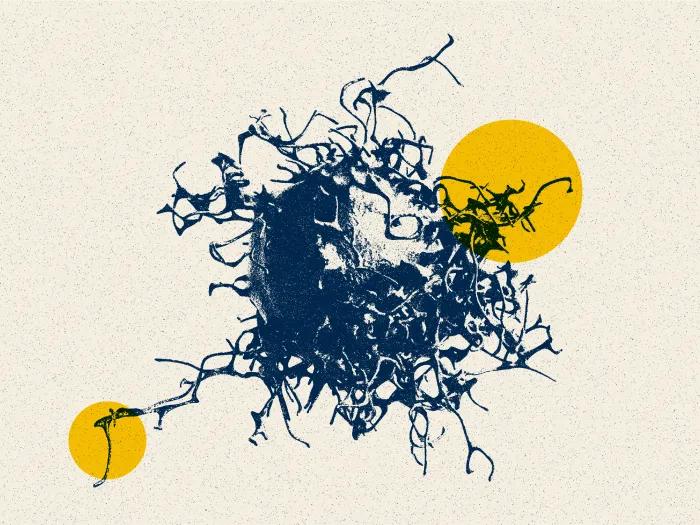cancer cell floating with yellow dots drawn out blue 