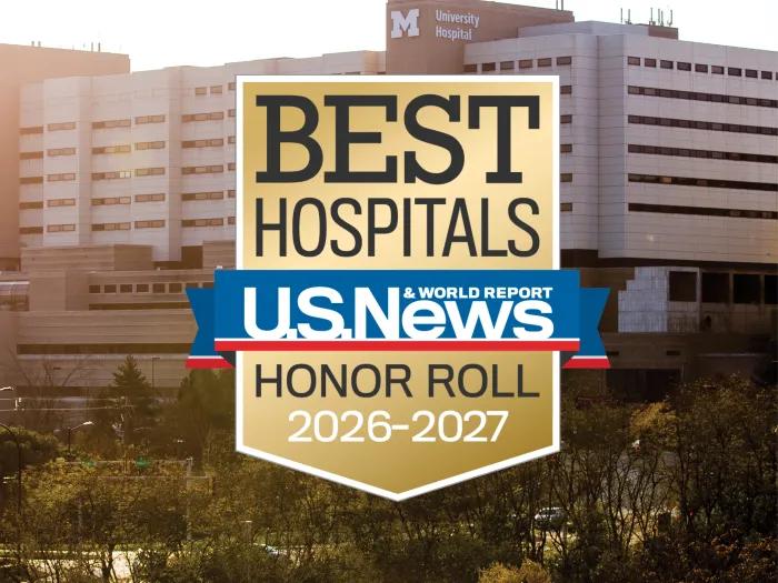 Photo of U of M Hospital with the 2026-27 US News & World Report badge