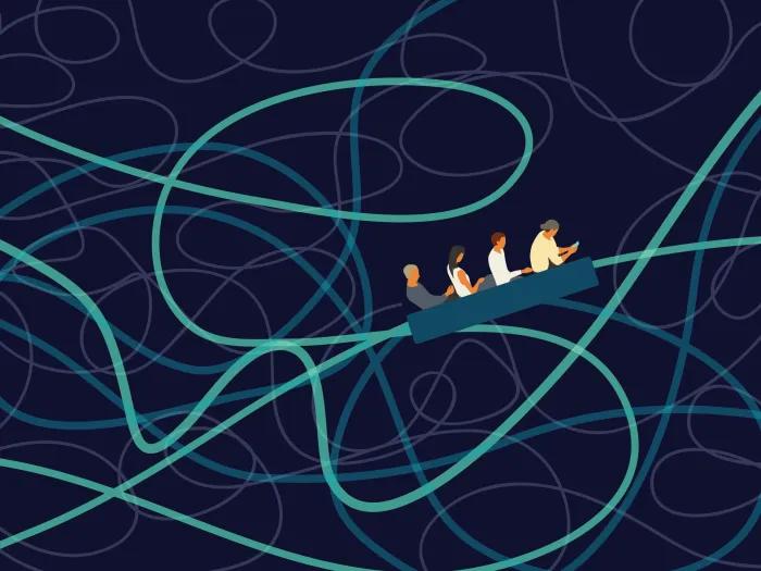 Illustration of a tangle of lines like a roller coaster with four people trapped in a car on one of the lines