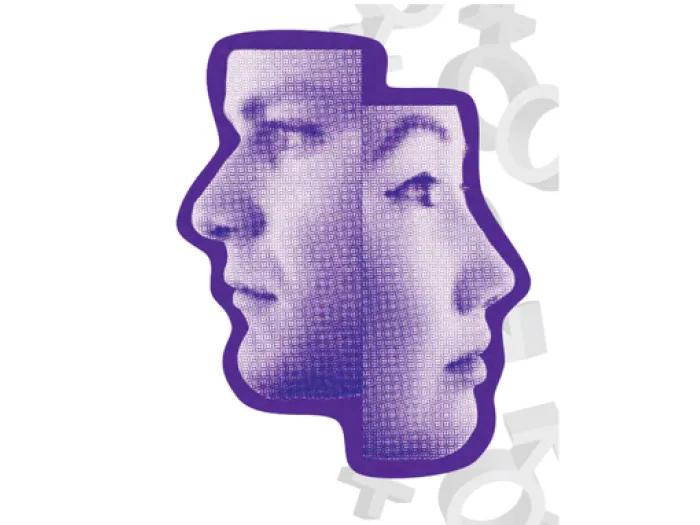 Purple illustration of overlapping male and female profiles facing opposite directions, representing gender differences in bipolar disorder symptoms.