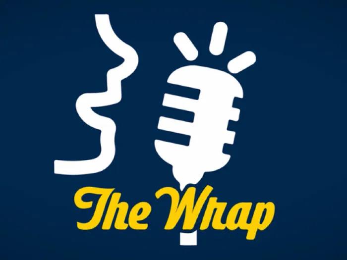 “The Wrap” logo featuring a white microphone and stylized profile on a dark blue background, with the title in yellow script.
