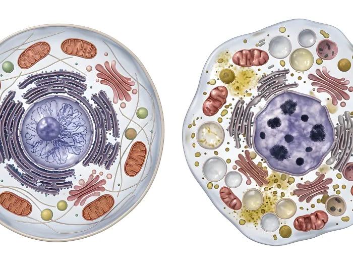 a healthy cell on the left and a senescent cell on the right showing breakdown