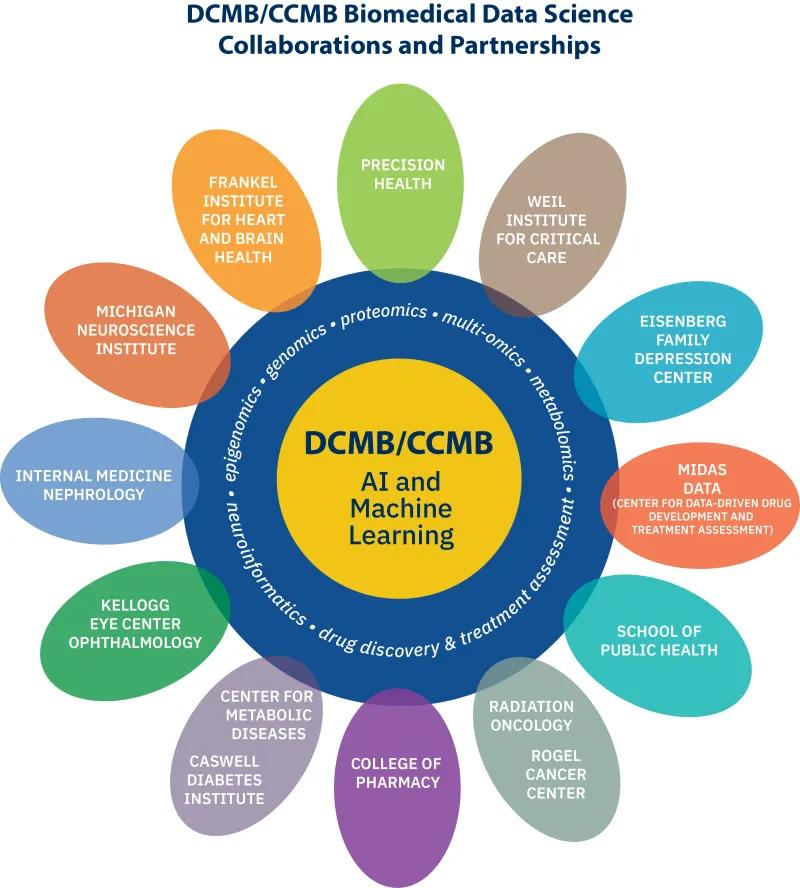 Venn diagram illustrating the interdisciplinary nature of dcmb/ccmb machine learning within various biomedical and research sectors at an academic institution.