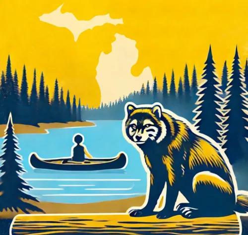 logo with wolf, canoe, Michigan map