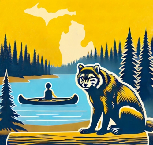 logo with wolf, canoe, Michigan map