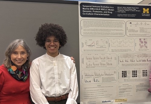 Infographic with Marisa E. Aikins Ph.D. presented Temporal Immune Evolution in a Murine EML4-ALK NSCLC Model: Genomic, Proteomic, and Drug Co-Culture Characterization.