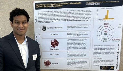 Poster with Tejas Thiyagarajan, undergraduate researcher presented Light Sheet Image Analysis for Immune Cell Spatial Localization in Lung Cancer Spheroids Using Classical Machine Learning Models. 