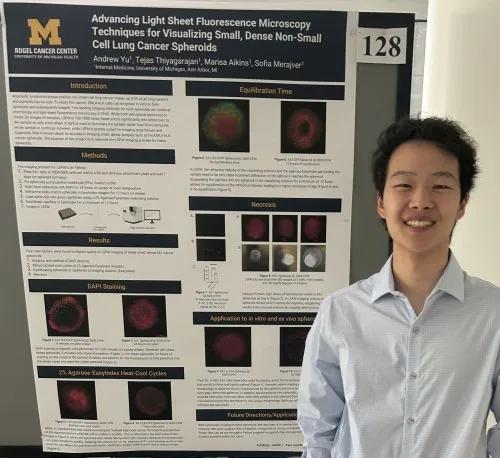 Poster with Andrew Yu, undergraduate researcher presented Advancing Light Sheet Fluorescence Microscopy Techniques for Visualizing Small, Dense Non-Small Cell Lung Cancer Spheroids.