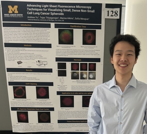 Poster with Andrew Yu, undergraduate researcher presented Advancing Light Sheet Fluorescence Microscopy Techniques for Visualizing Small, Dense Non-Small Cell Lung Cancer Spheroids.
