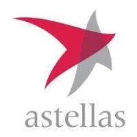 Astellas logo is a red and grey stylized letter A crossing to make a star