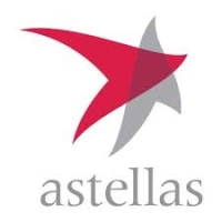 Astellas logo is a red and grey stylized letter A crossing to make a star