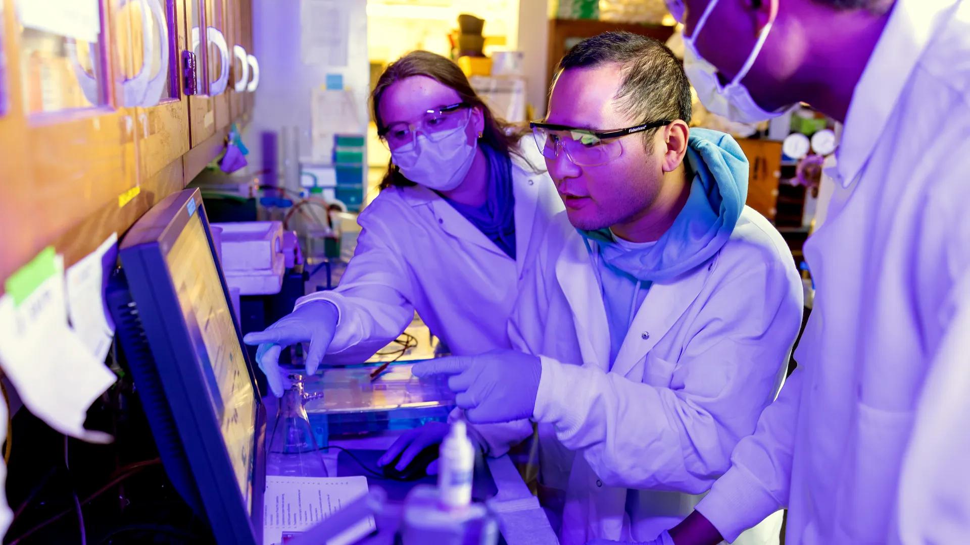 three lab studnets in looking at data on a computer screen