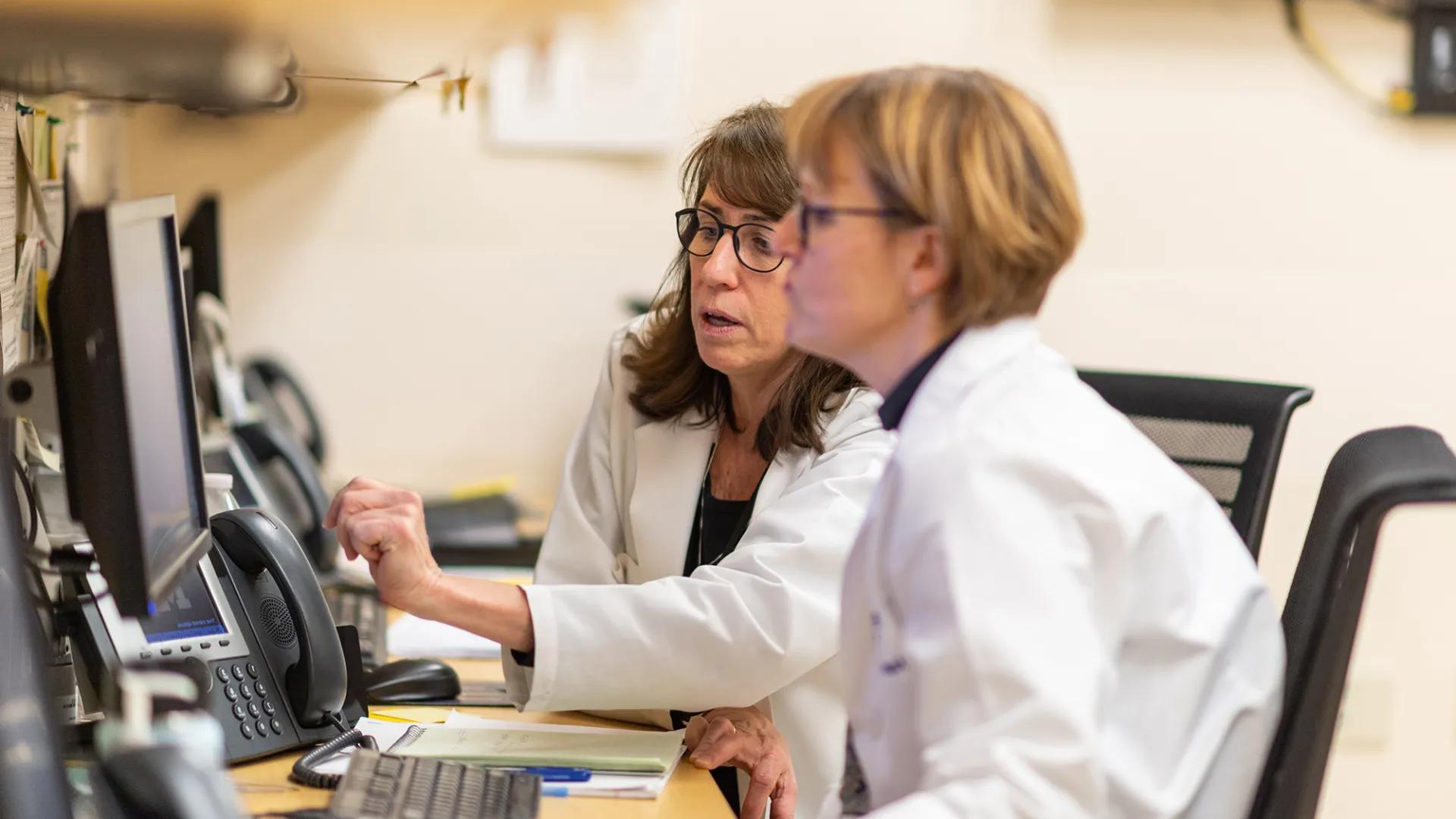 two doctors reviewing information on computer screen