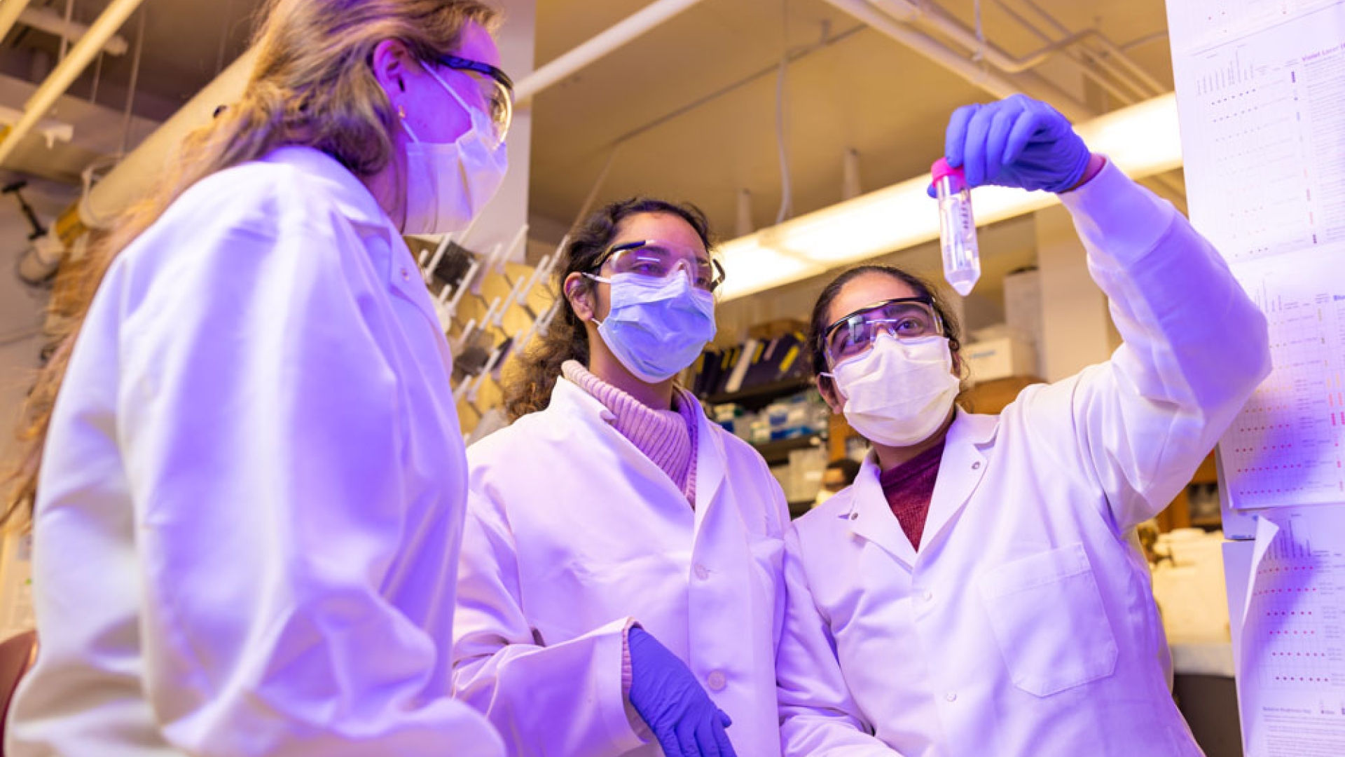 Three members of the Raghavan lab team examine the contents of a tube