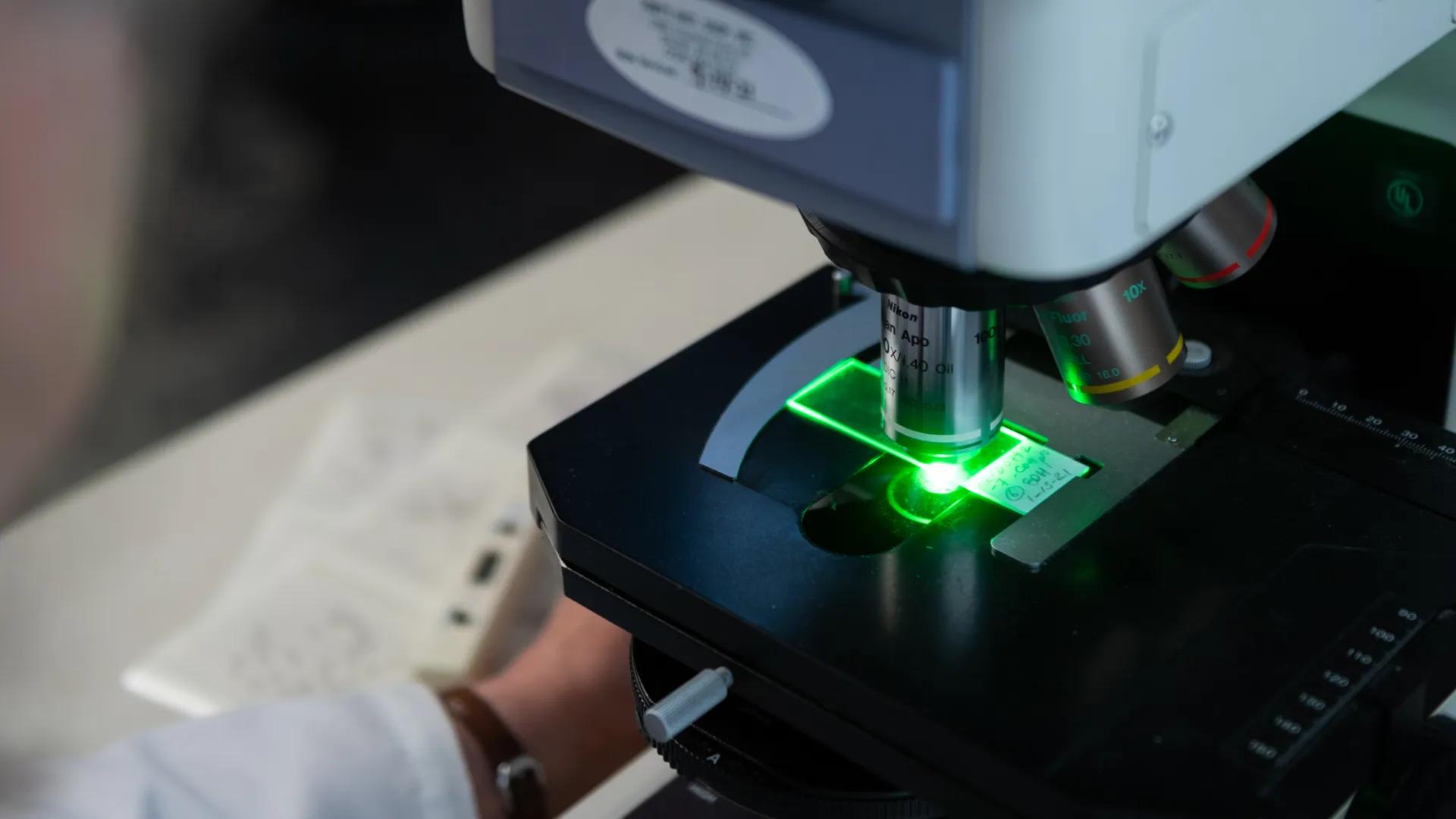 close up of microscope in lab