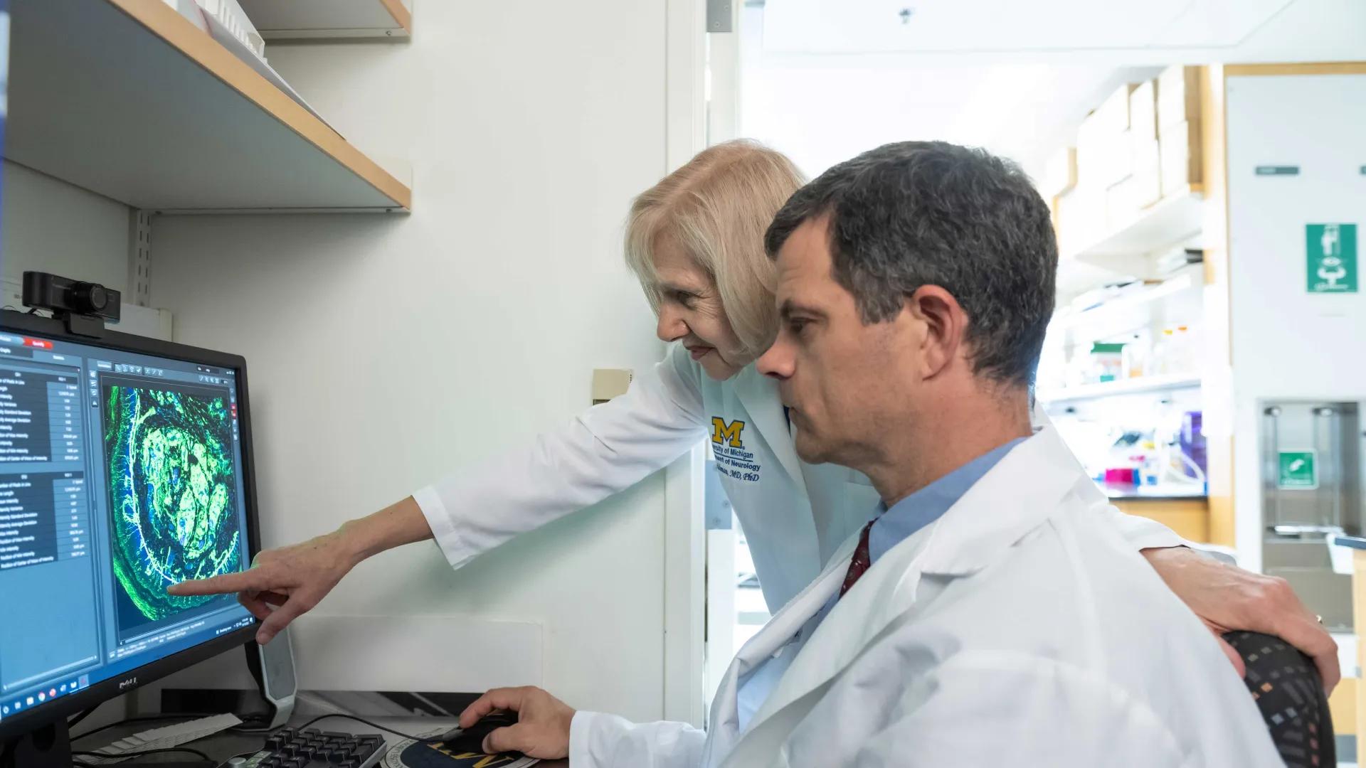 Drs. Feldman and Hayes looking at a scan of a brain on a computer