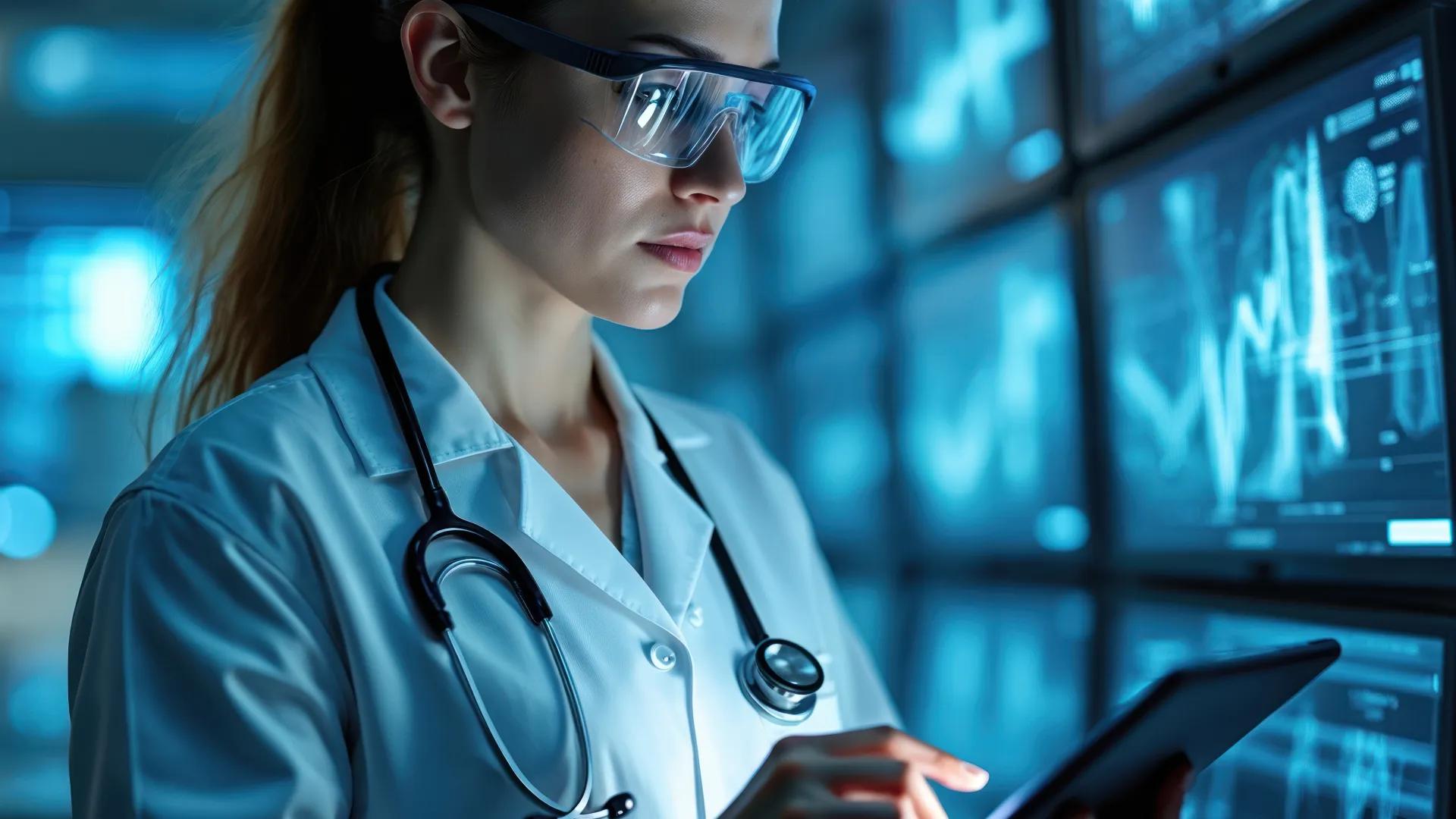 Female scientist examines data on tablet in modern lab