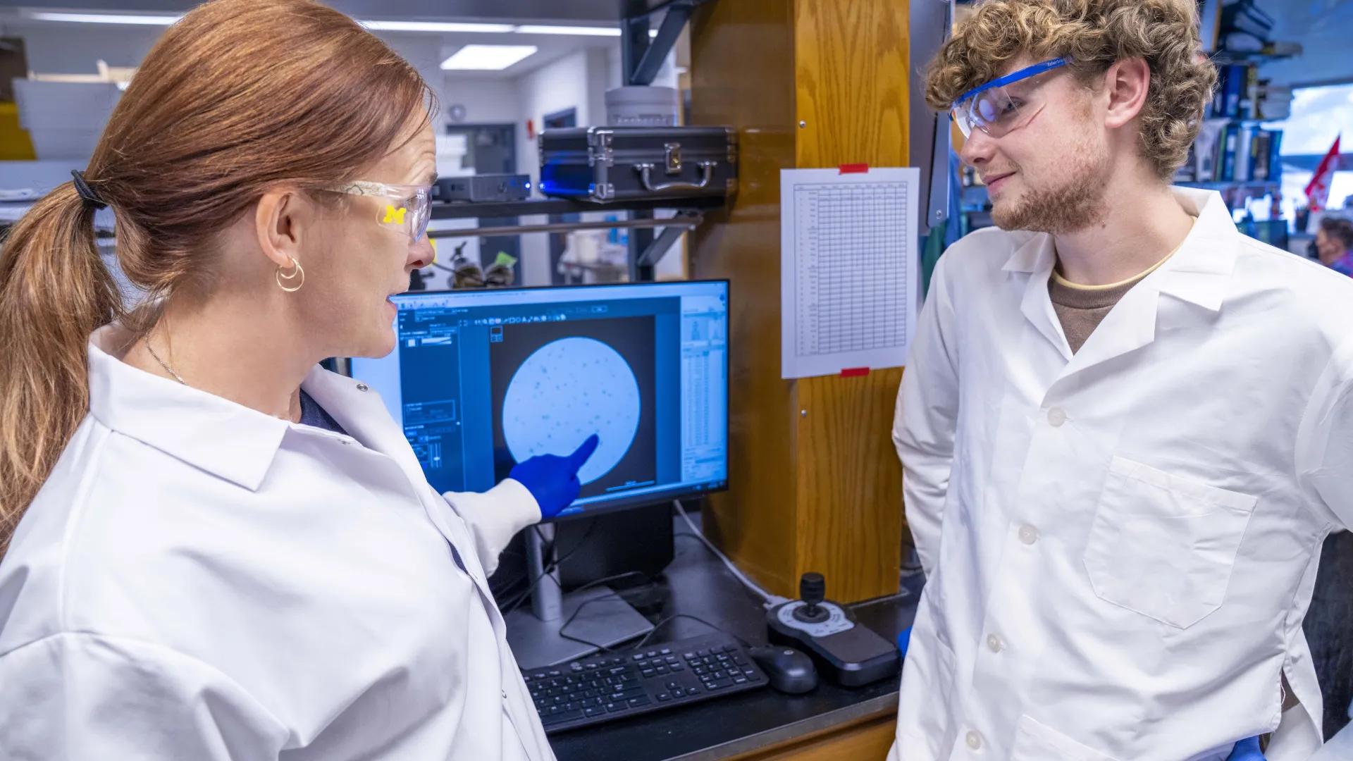 Two scientists in lab coats discuss data on a computer screen with a circular graph.