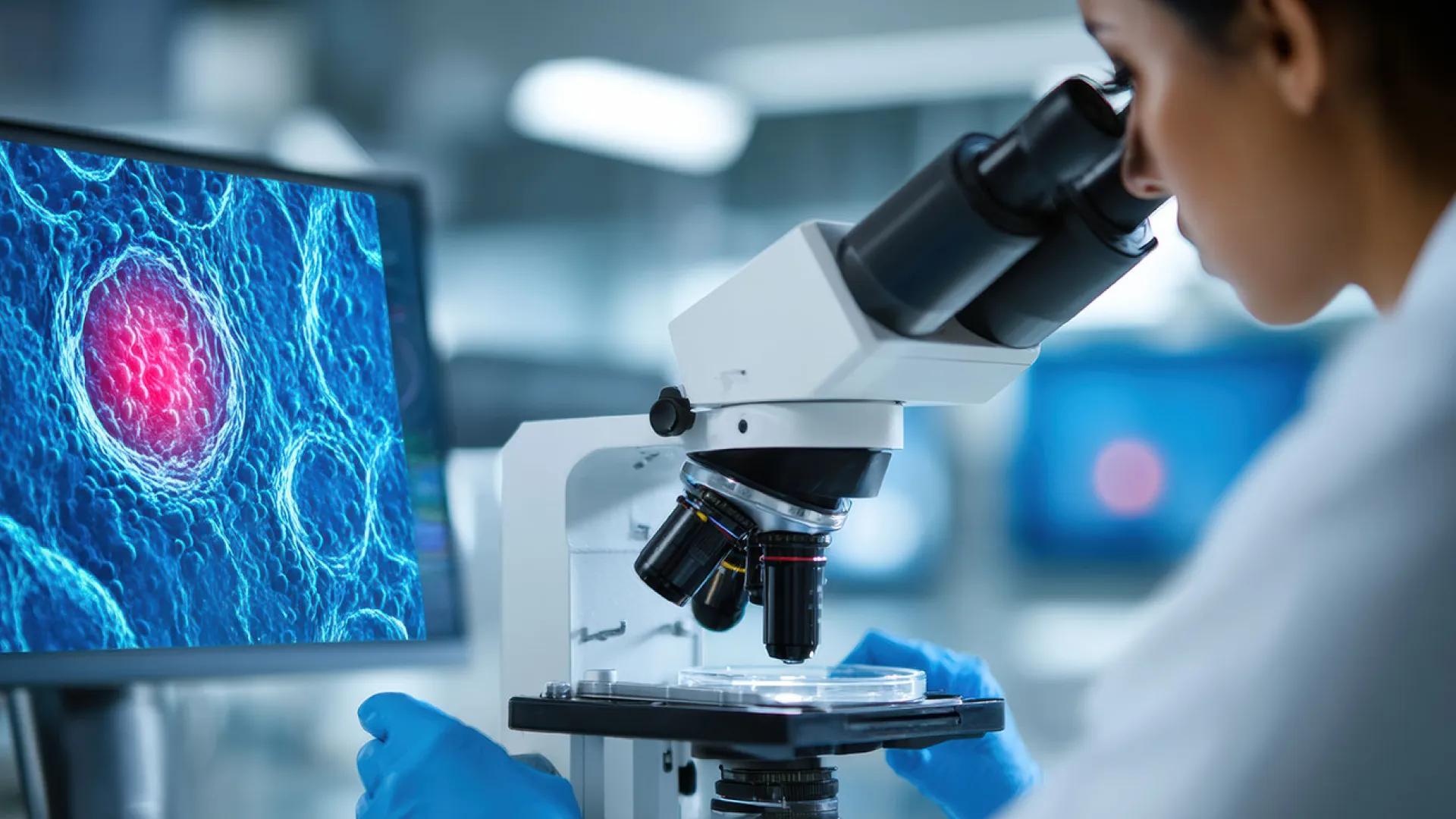 Mixed race woman uses a microscope