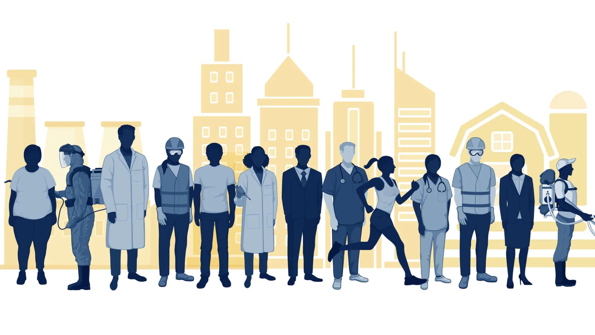 Cartoon images of 13 cartoon people ranging from an obese person to a runner and a backpacker
