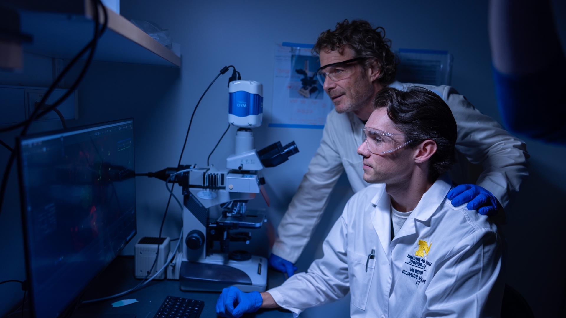 Gary Hammer and lab member analyze data from a computer
